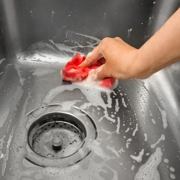 hand of woman cleaning sink with a sponge